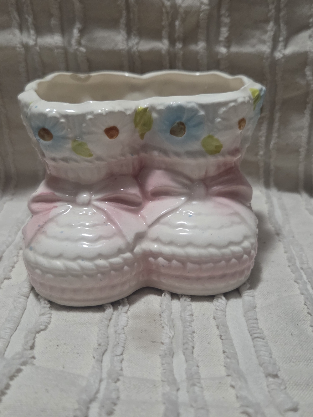 Girls' Pink and White Baby Booties Ceramic Planter